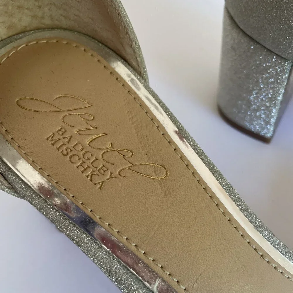 Badgley Mischka Silver Sparkle and Crystals Rhinestone Sandals Block Heels US 8